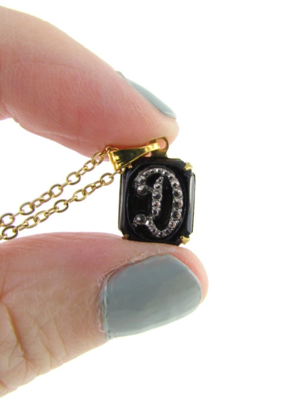 Vintage Victorian Gothic Initial D Pendant Necklace - Black Glass and Marcasite